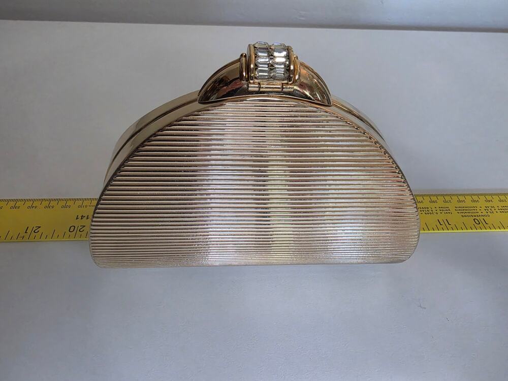 Vintage Rodo Italy Gold Metal Minaudiere Rhinestone Clasp Chain Evening Bag